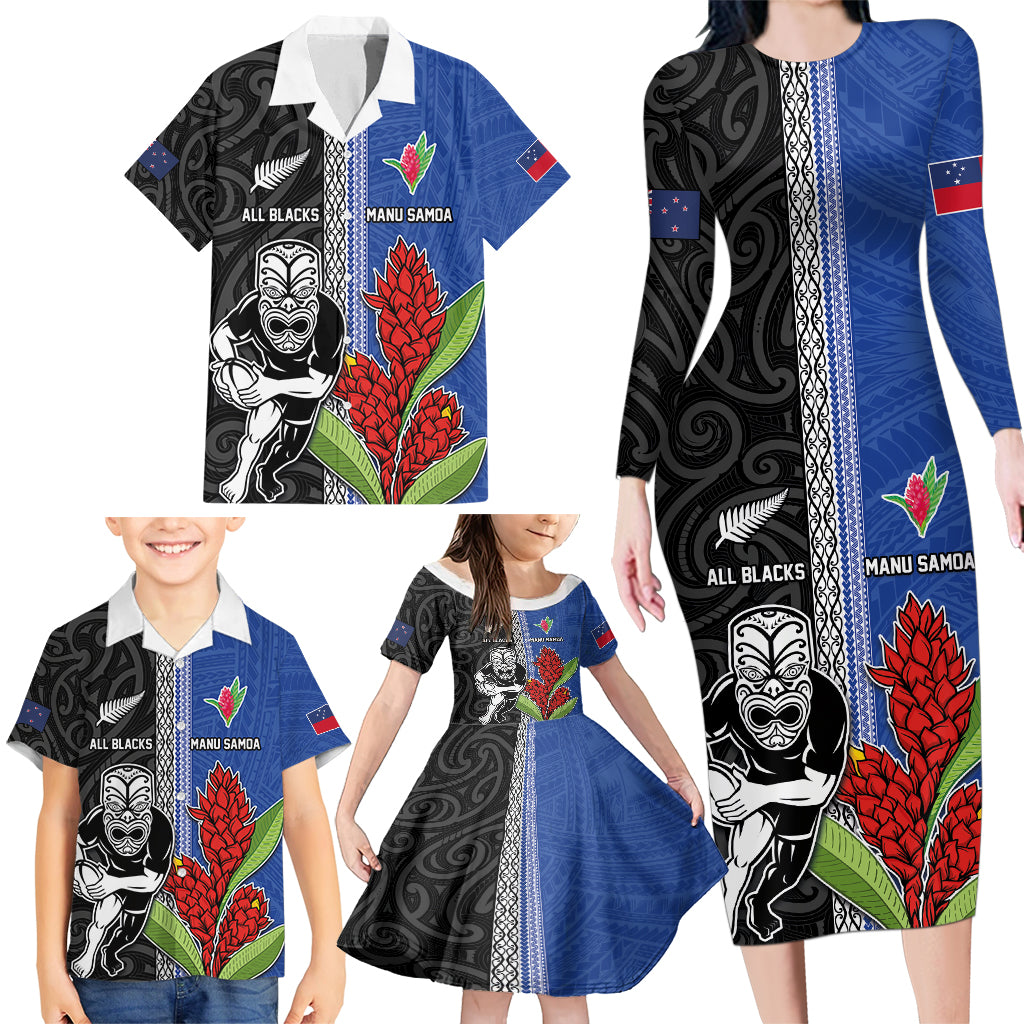 Custom Samoa and New Zealand Rugby Family Matching Long Sleeve Bodycon Dress and Hawaiian Shirt Teuila Samoan and Maori Warrior