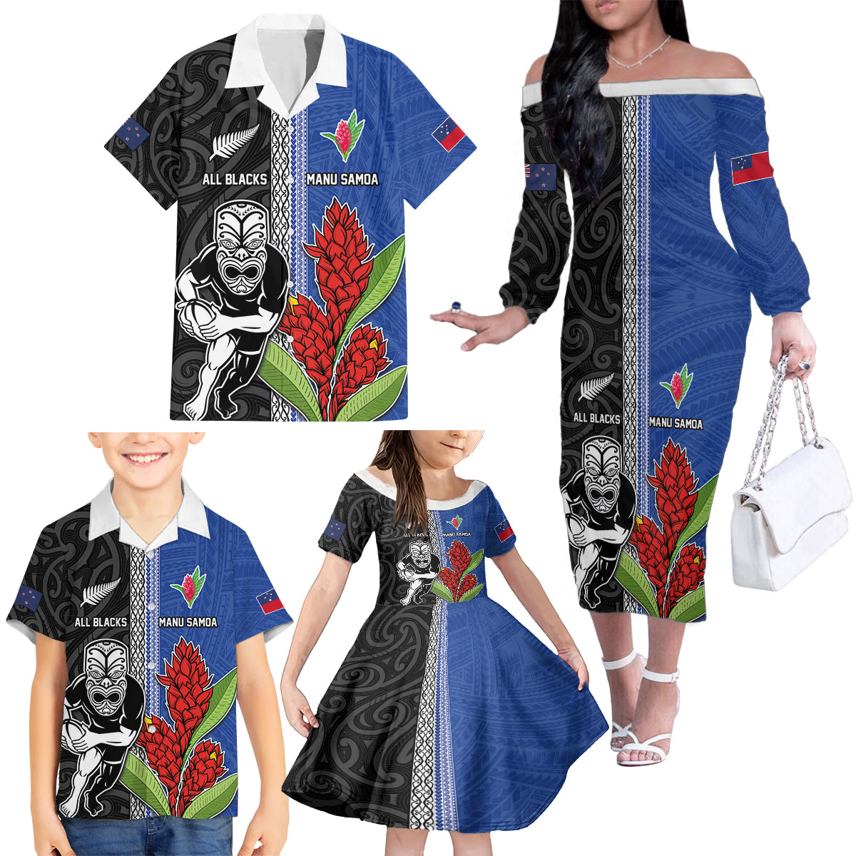 Custom Samoa and New Zealand Rugby Family Matching Off The Shoulder Long Sleeve Dress and Hawaiian Shirt Teuila Samoan and Maori Warrior