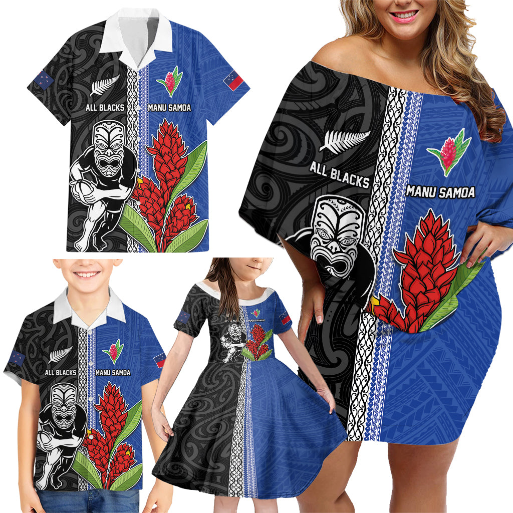 Custom Samoa and New Zealand Rugby Family Matching Off Shoulder Short Dress and Hawaiian Shirt Teuila Samoan and Maori Warrior