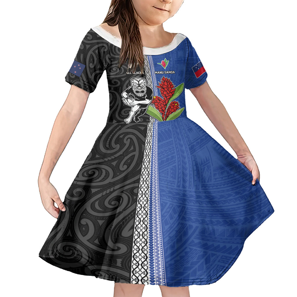 Custom Samoa and New Zealand Rugby Kid Short Sleeve Dress Teuila Samoan and Maori Warrior