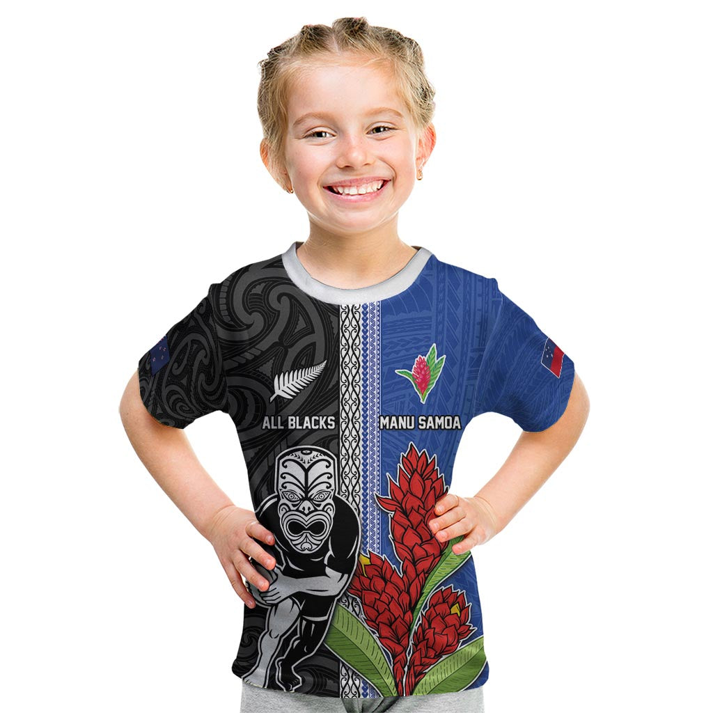 Custom Samoa and New Zealand Rugby Kid T Shirt Teuila Samoan and Maori Warrior