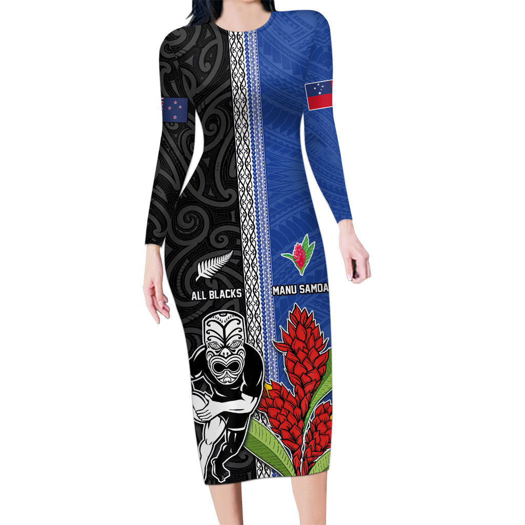 Custom Samoa and New Zealand Rugby Long Sleeve Bodycon Dress Teuila Samoan and Maori Warrior