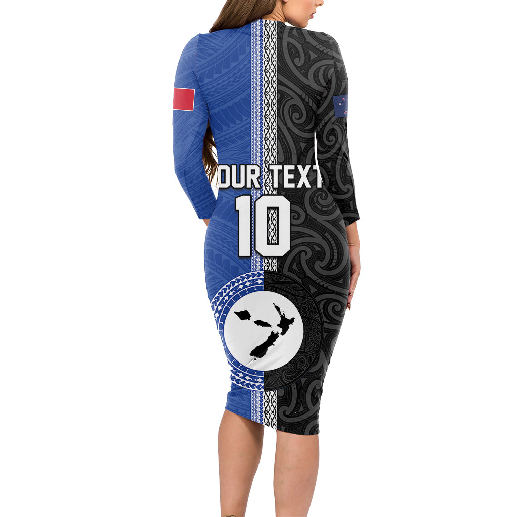 Custom Samoa and New Zealand Rugby Long Sleeve Bodycon Dress Teuila Samoan and Maori Warrior