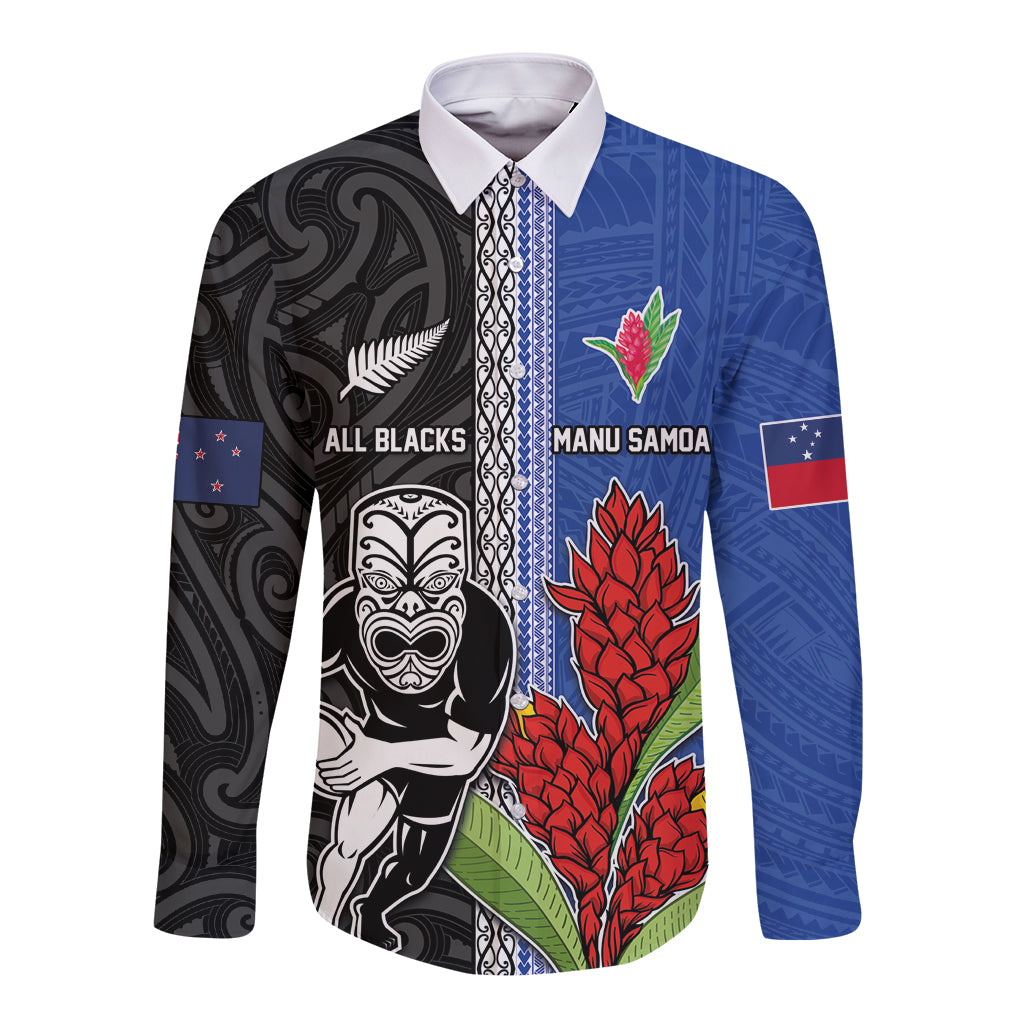 Custom Samoa and New Zealand Rugby Long Sleeve Button Shirt Teuila Samoan and Maori Warrior