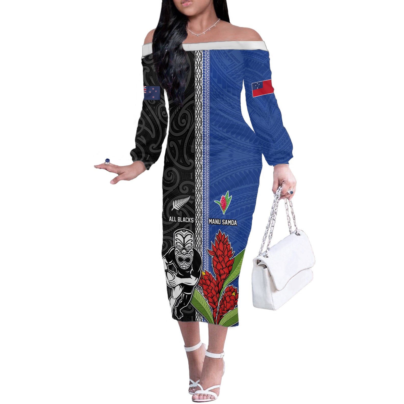 Custom Samoa and New Zealand Rugby Off The Shoulder Long Sleeve Dress Teuila Samoan and Maori Warrior