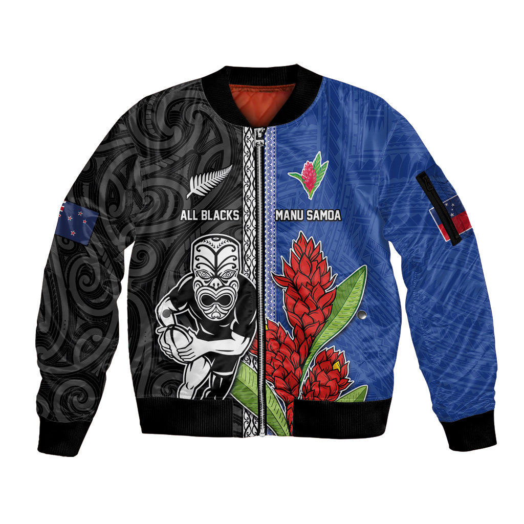 Custom Samoa and New Zealand Rugby Sleeve Zip Bomber Jacket Teuila Samoan and Maori Warrior