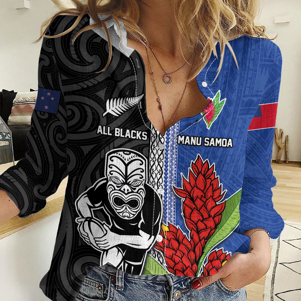 Custom Samoa and New Zealand Rugby Women Casual Shirt Teuila Samoan and Maori Warrior