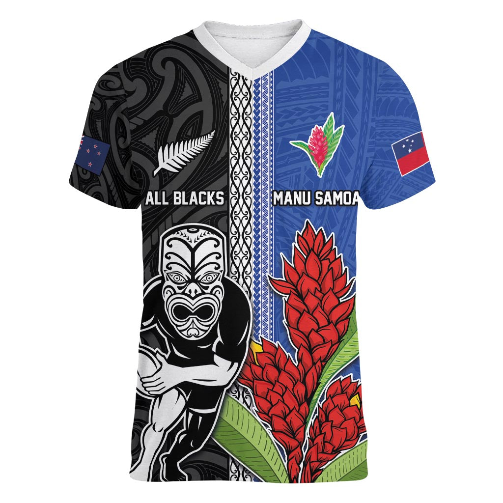Custom Samoa and New Zealand Rugby Women V-Neck T-Shirt Teuila Samoan and Maori Warrior