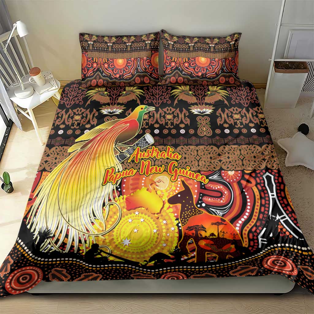 Australia and Papua New Guinea Together Bedding Set Kangaroo Aboriginal Art and Bird-of-paradise Oro Tribal Motifs - Polynesian Pride