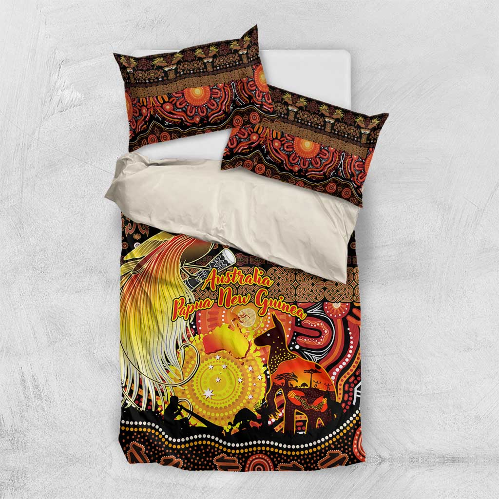 Australia and Papua New Guinea Together Bedding Set Kangaroo Aboriginal Art and Bird-of-paradise Oro Tribal Motifs - Polynesian Pride