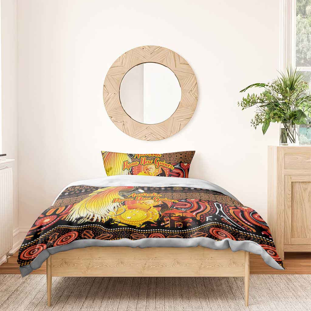 Australia and Papua New Guinea Together Bedding Set Kangaroo Aboriginal Art and Bird-of-paradise Oro Tribal Motifs - Polynesian Pride