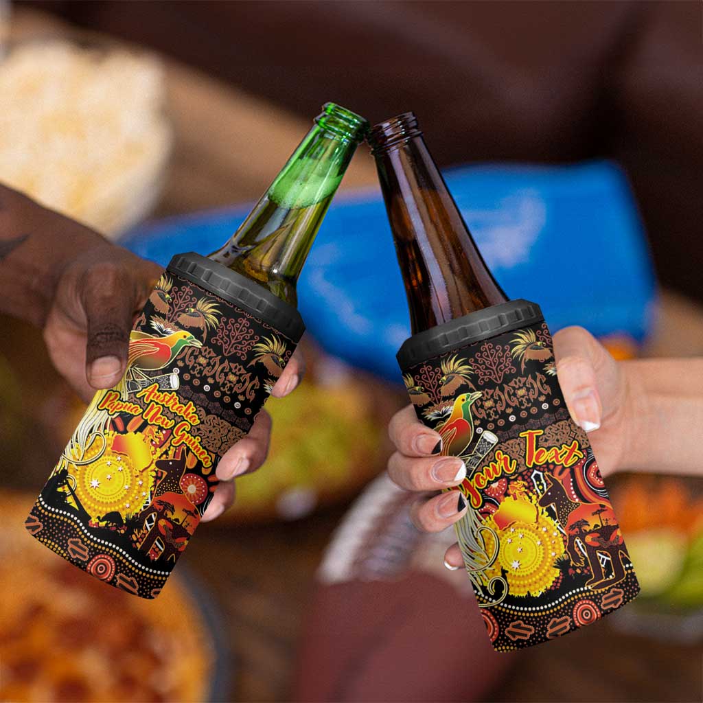 Personalized Australia and Papua New Guinea Together 4 in 1 Can Cooler Tumbler Kangaroo Aboriginal Art and Bird-of-paradise Oro Tribal Motifs - Polynesian Pride
