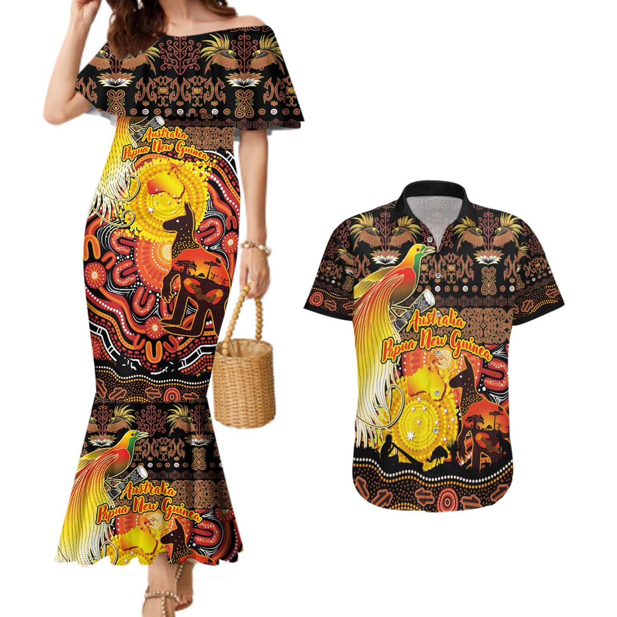 Personalized Australia and Papua New Guinea Together Couples Matching Mermaid Dress and Hawaiian Shirt Kangaroo Aboriginal Art and Bird-of-paradise Oro Tribal Motifs - Polynesian Pride