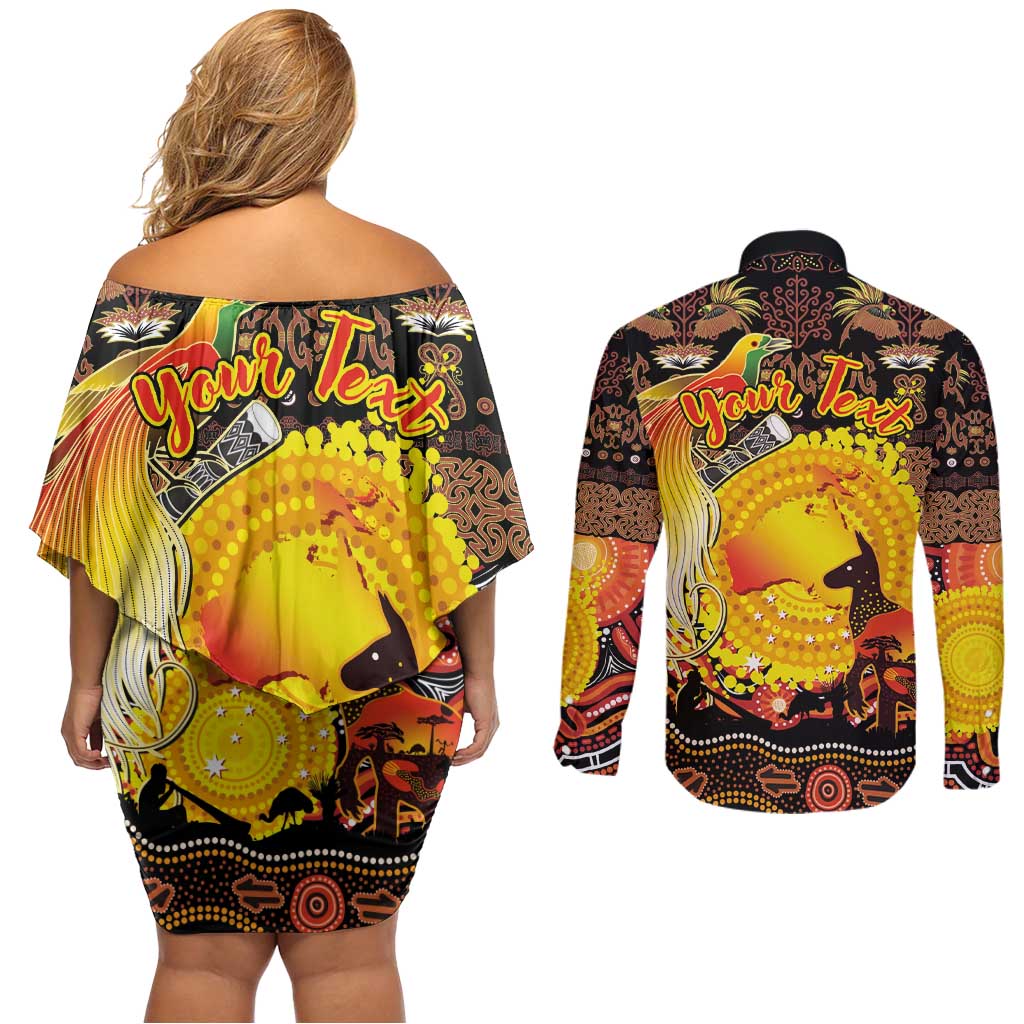 Personalized Australia and Papua New Guinea Together Couples Matching Off Shoulder Short Dress and Long Sleeve Button Shirt Kangaroo Aboriginal Art and Bird-of-paradise Oro Tribal Motifs - Polynesian Pride