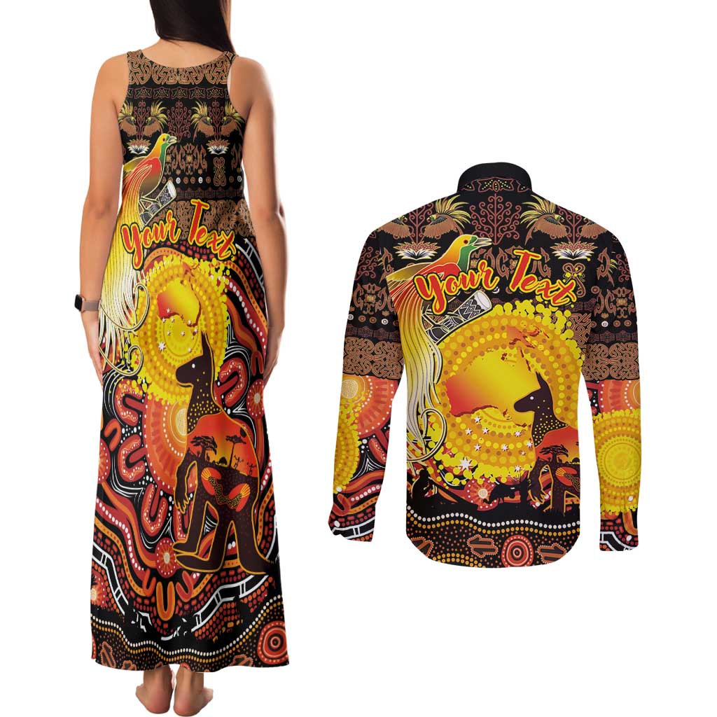 Personalized Australia and Papua New Guinea Together Couples Matching Tank Maxi Dress and Long Sleeve Button Shirt Kangaroo Aboriginal Art and Bird-of-paradise Oro Tribal Motifs - Polynesian Pride