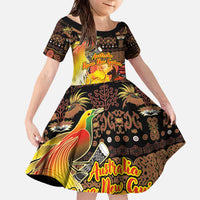 Personalized Australia and Papua New Guinea Together Family Matching Off The Shoulder Long Sleeve Dress and Hawaiian Shirt Kangaroo Aboriginal Art and Bird-of-paradise Oro Tribal Motifs - Polynesian Pride