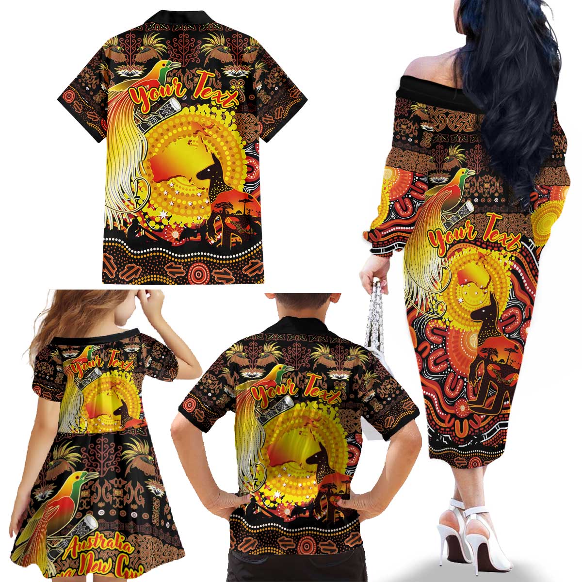 Personalized Australia and Papua New Guinea Together Family Matching Off The Shoulder Long Sleeve Dress and Hawaiian Shirt Kangaroo Aboriginal Art and Bird-of-paradise Oro Tribal Motifs - Polynesian Pride