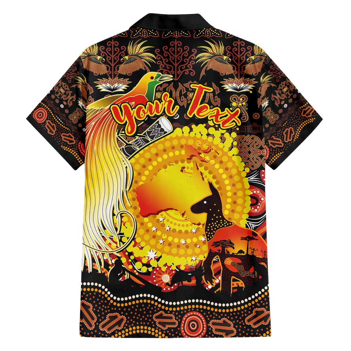 Personalized Australia and Papua New Guinea Together Family Matching Off The Shoulder Long Sleeve Dress and Hawaiian Shirt Kangaroo Aboriginal Art and Bird-of-paradise Oro Tribal Motifs - Polynesian Pride