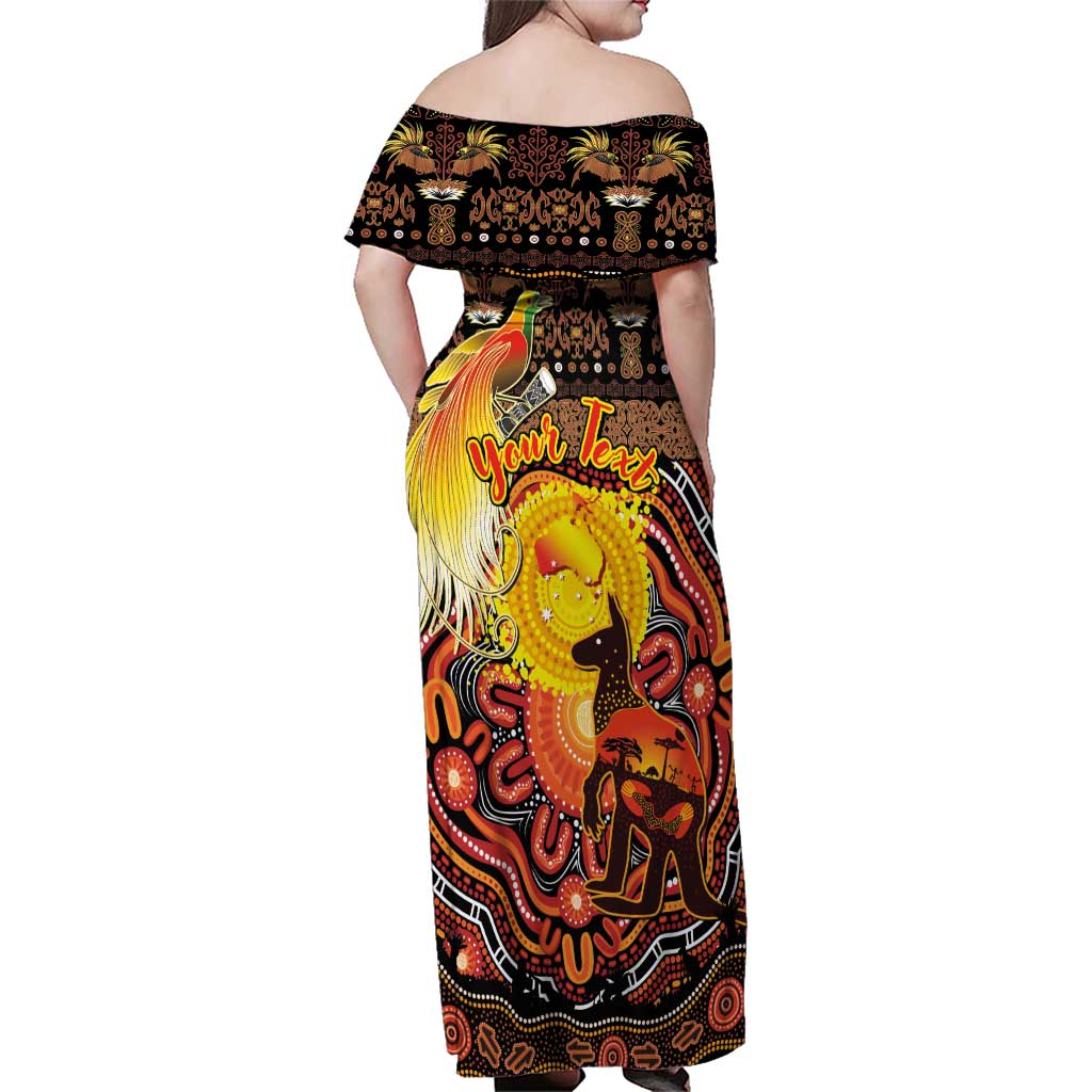Personalized Australia and Papua New Guinea Together Family Matching Off Shoulder Maxi Dress and Hawaiian Shirt Kangaroo Aboriginal Art and Bird-of-paradise Oro Tribal Motifs - Polynesian Pride