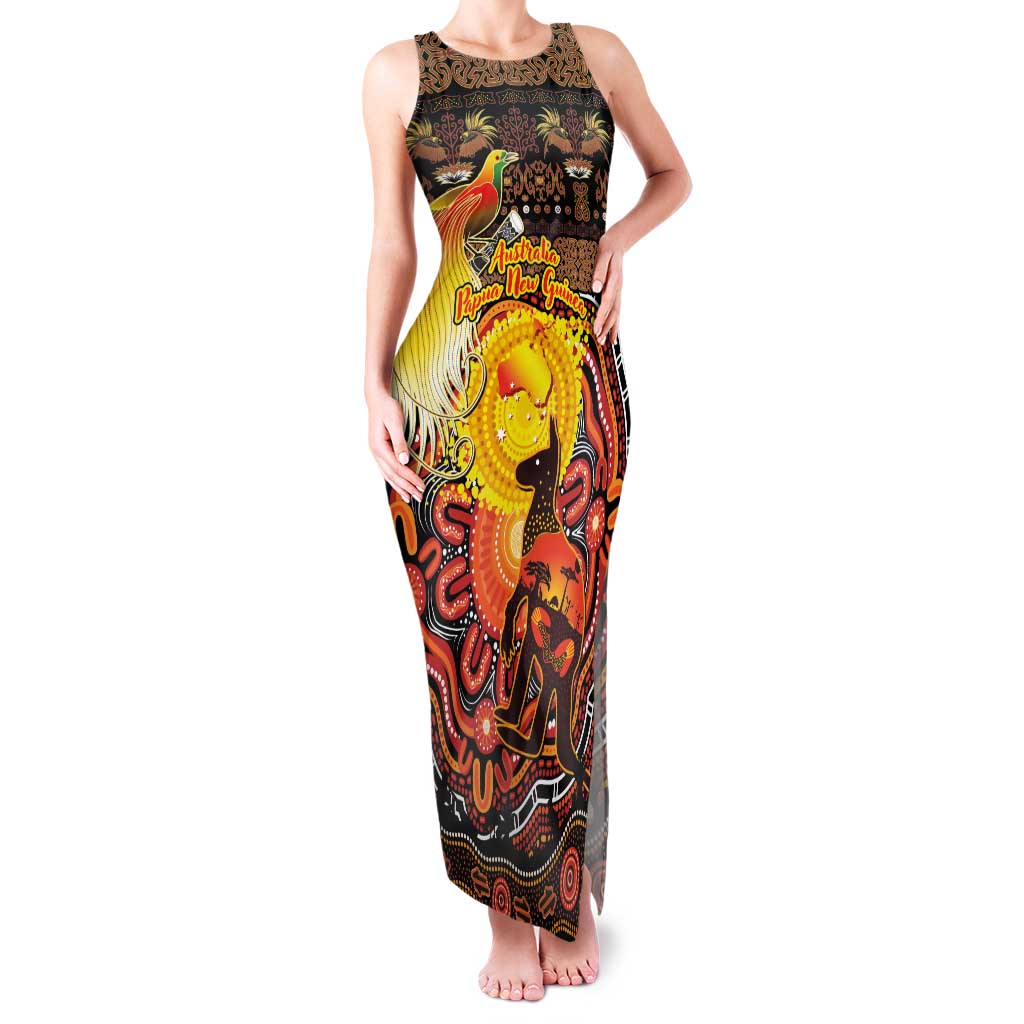 Personalized Australia and Papua New Guinea Together Family Matching Tank Maxi Dress and Hawaiian Shirt Kangaroo Aboriginal Art and Bird-of-paradise Oro Tribal Motifs - Polynesian Pride