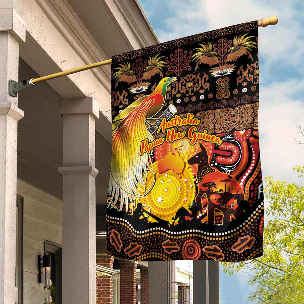 Australia and Papua New Guinea Together Garden Flag Kangaroo Aboriginal Art and Bird-of-paradise Oro Tribal Motifs - Polynesian Pride