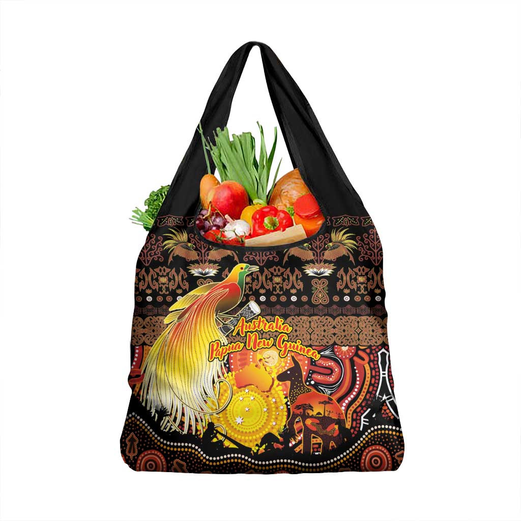 Australia and Papua New Guinea Together Grocery Bag Kangaroo Aboriginal Art and Bird-of-paradise Oro Tribal Motifs - Polynesian Pride