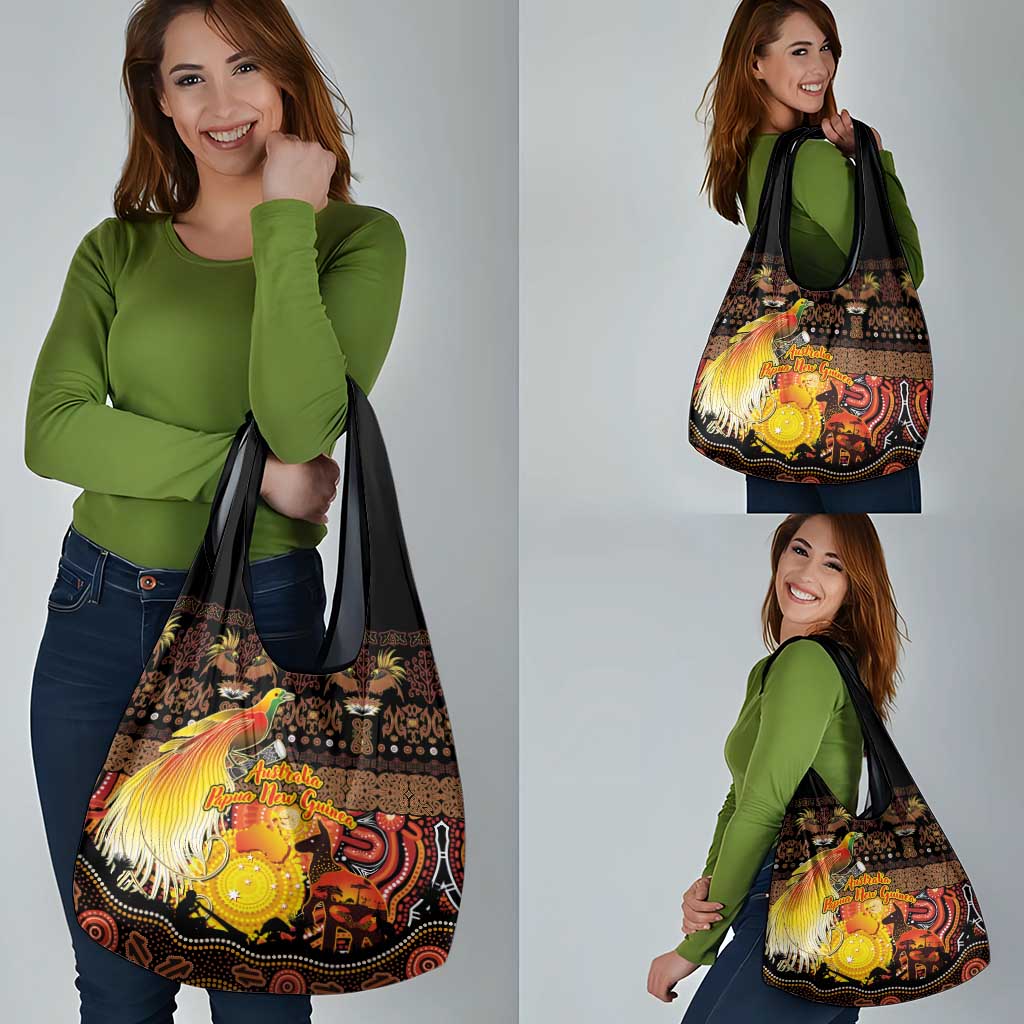Australia and Papua New Guinea Together Grocery Bag Kangaroo Aboriginal Art and Bird-of-paradise Oro Tribal Motifs - Polynesian Pride