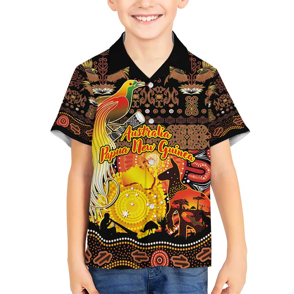 Personalized Australia and Papua New Guinea Together Hawaiian Shirt Kangaroo Aboriginal Art and Bird-of-paradise Oro Tribal Motifs - Polynesian Pride