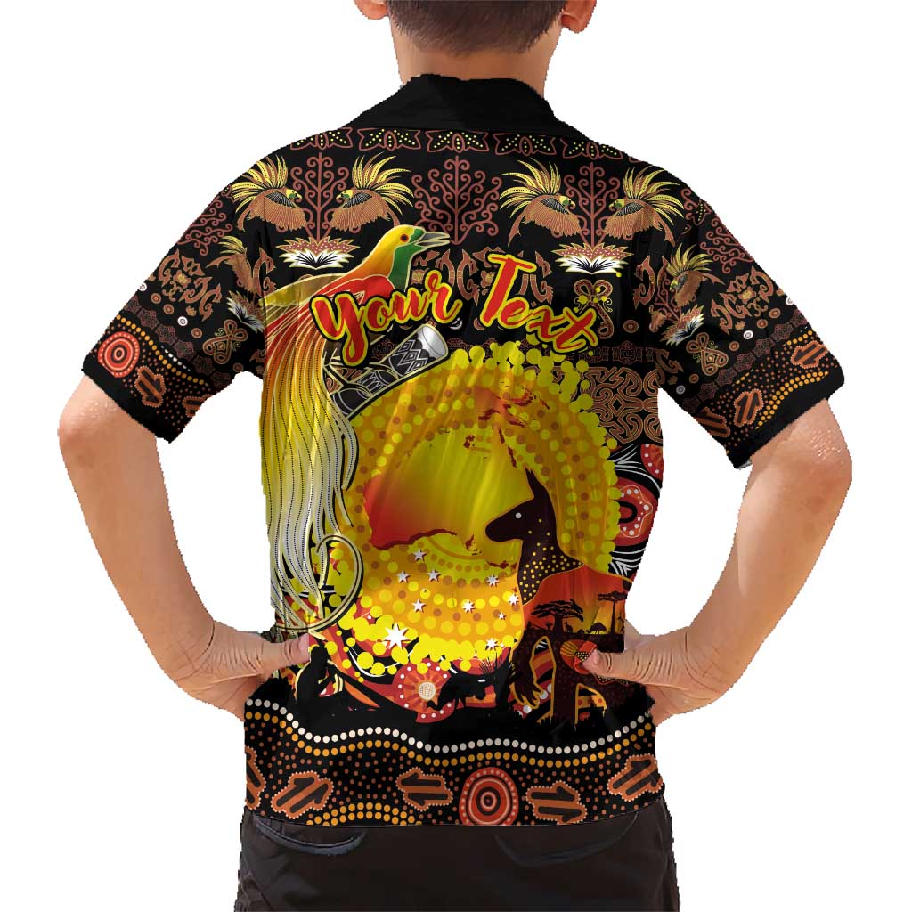 Personalized Australia and Papua New Guinea Together Kid Hawaiian Shirt Kangaroo Aboriginal Art and Bird-of-paradise Oro Tribal Motifs - Polynesian Pride