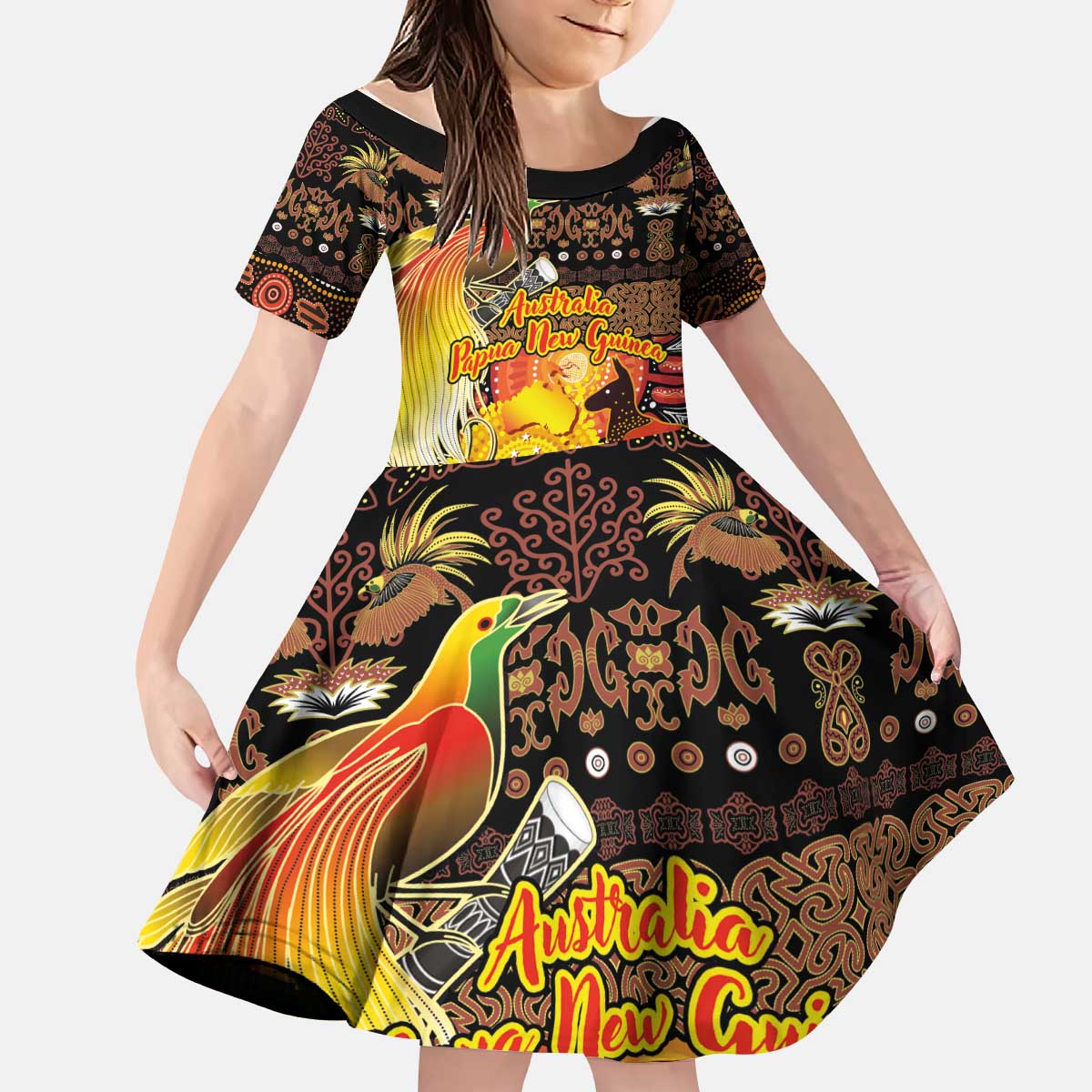 Personalized Australia and Papua New Guinea Together Kid Short Sleeve Dress Kangaroo Aboriginal Art and Bird-of-paradise Oro Tribal Motifs - Polynesian Pride