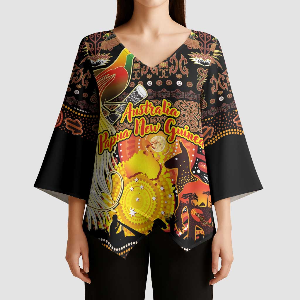Personalized Australia and Papua New Guinea Together Kimono Sleeve Blouse Kangaroo Aboriginal Art and Bird-of-paradise Oro Tribal Motifs - Polynesian Pride