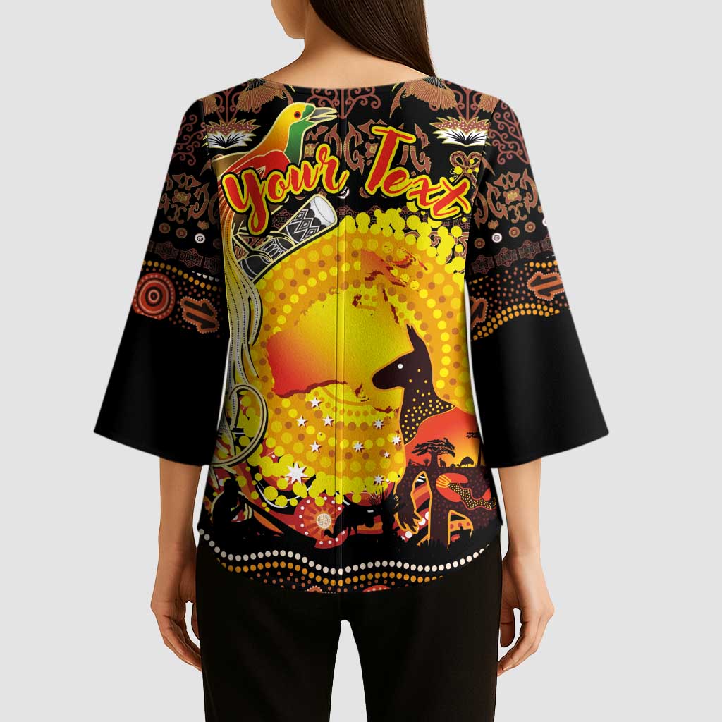 Personalized Australia and Papua New Guinea Together Kimono Sleeve Blouse Kangaroo Aboriginal Art and Bird-of-paradise Oro Tribal Motifs - Polynesian Pride