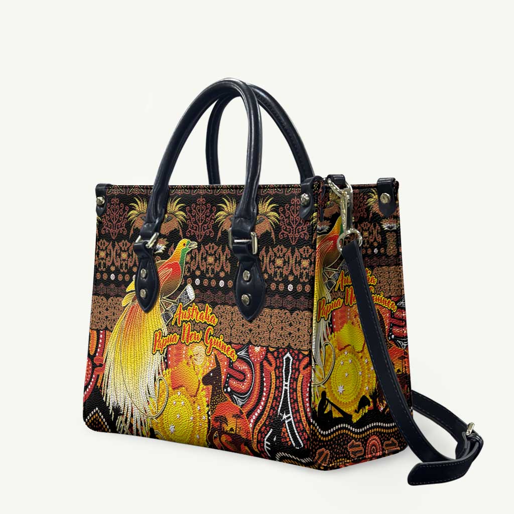 Australia and Papua New Guinea Together Leather Bag Kangaroo Aboriginal Art and Bird-of-paradise Oro Tribal Motifs - Polynesian Pride