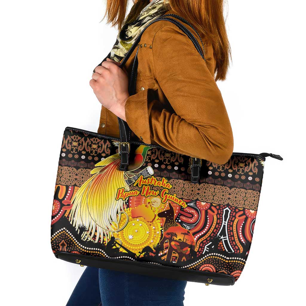 Australia and Papua New Guinea Together Leather Tote Bag Kangaroo Aboriginal Art and Bird-of-paradise Oro Tribal Motifs - Polynesian Pride