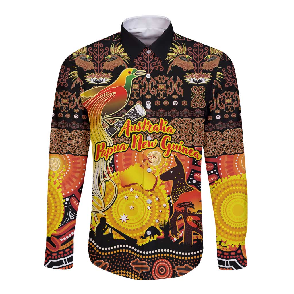 Personalized Australia and Papua New Guinea Together Long Sleeve Button Shirt Kangaroo Aboriginal Art and Bird-of-paradise Oro Tribal Motifs - Polynesian Pride