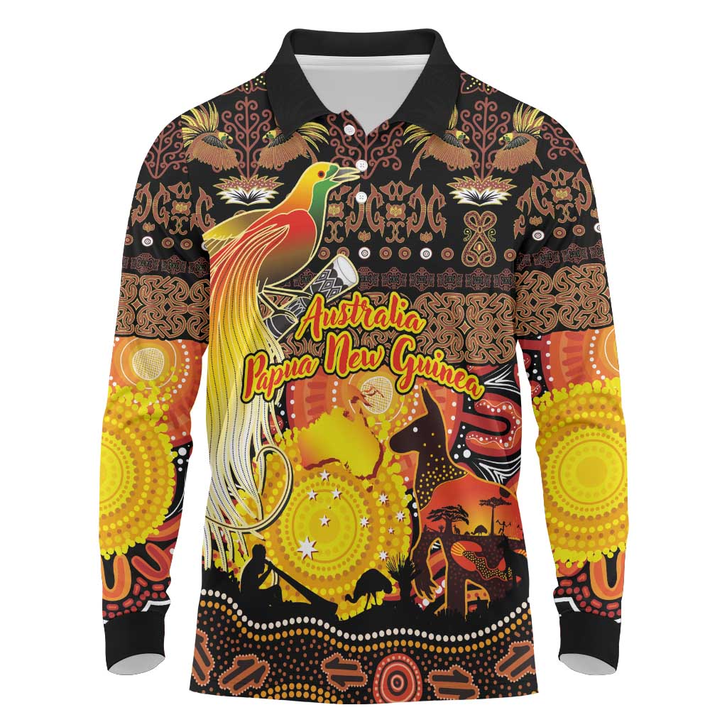 Personalized Australia and Papua New Guinea Together Long Sleeve Polo Shirt Kangaroo Aboriginal Art and Bird-of-paradise Oro Tribal Motifs - Polynesian Pride