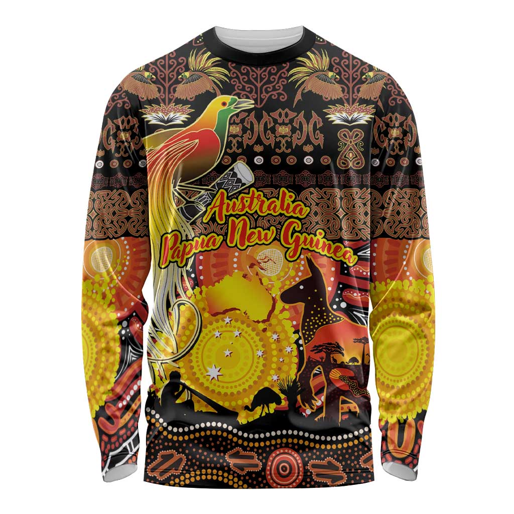 Personalized Australia and Papua New Guinea Together Long Sleeve Shirt Kangaroo Aboriginal Art and Bird-of-paradise Oro Tribal Motifs - Polynesian Pride