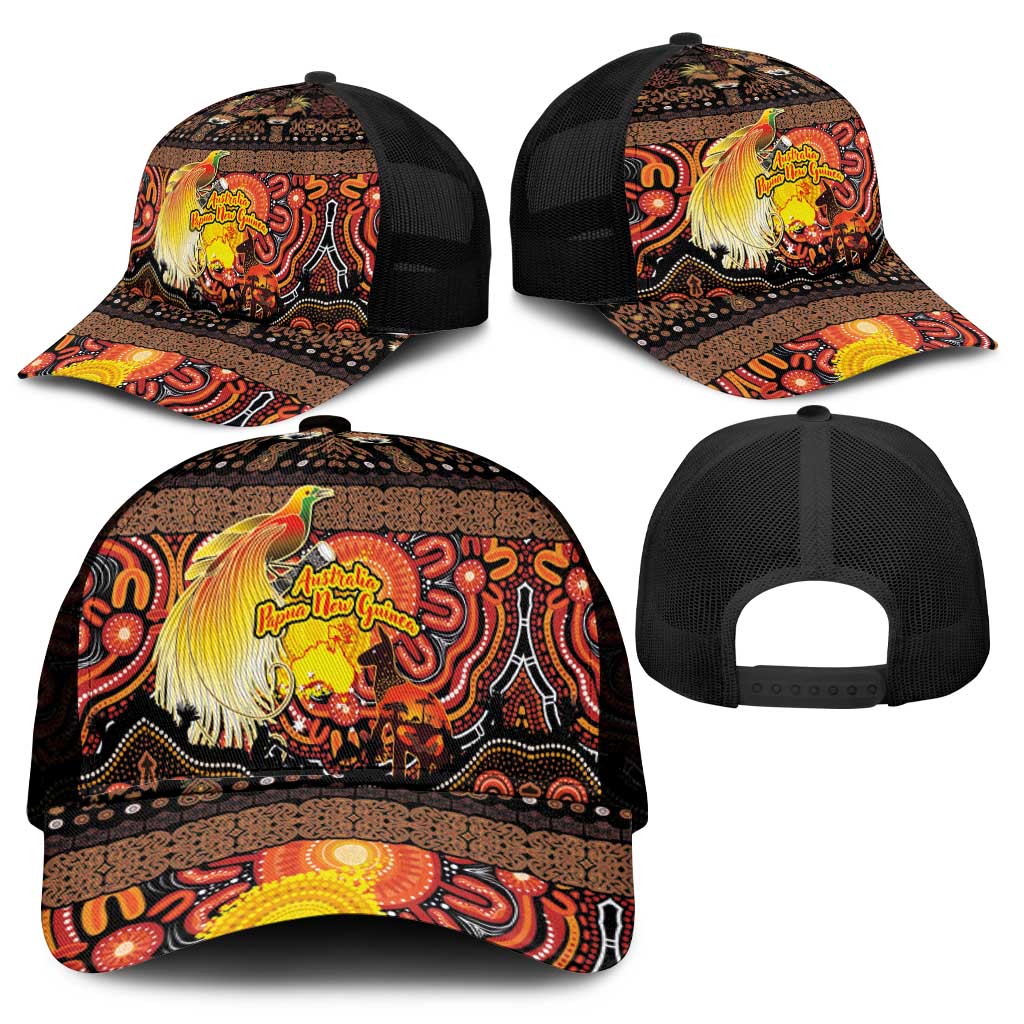 Australia and Papua New Guinea Together Mesh Trucker Cap Kangaroo Aboriginal Art and Bird-of-paradise with Oro Tribal Motifs - Polynesian Pride