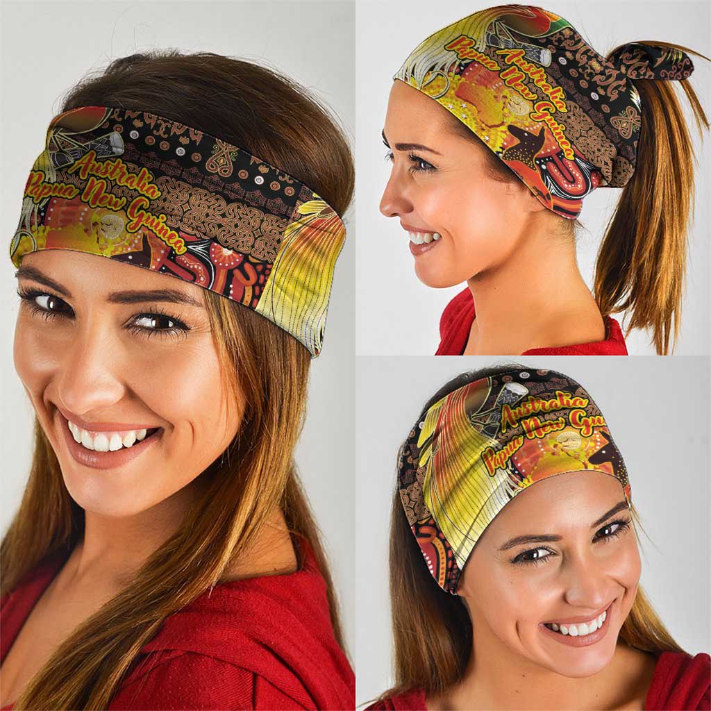 Australia and Papua New Guinea Together Neck Gaiter Kangaroo Aboriginal Art and Bird-of-paradise Oro Tribal Motifs - Polynesian Pride