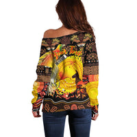 Personalized Australia and Papua New Guinea Together Off Shoulder Sweater Kangaroo Aboriginal Art and Bird-of-paradise Oro Tribal Motifs - Polynesian Pride