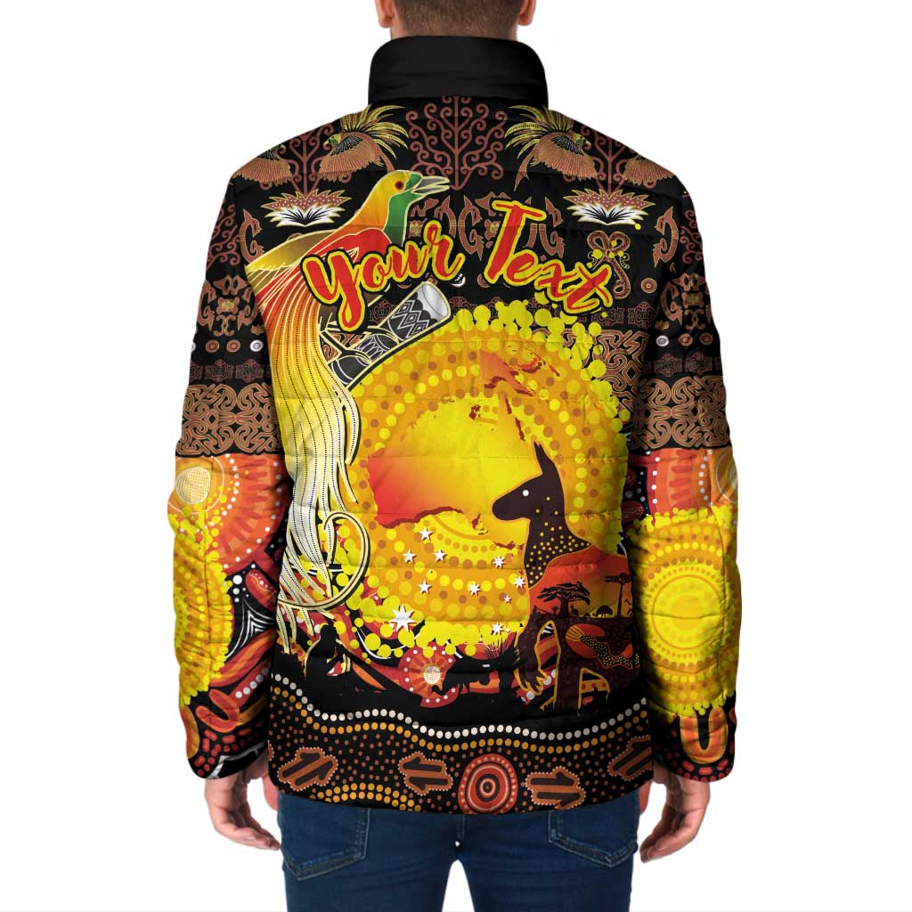 Personalized Australia and Papua New Guinea Together Padded Jacket Kangaroo Aboriginal Art and Bird-of-paradise Oro Tribal Motifs - Polynesian Pride