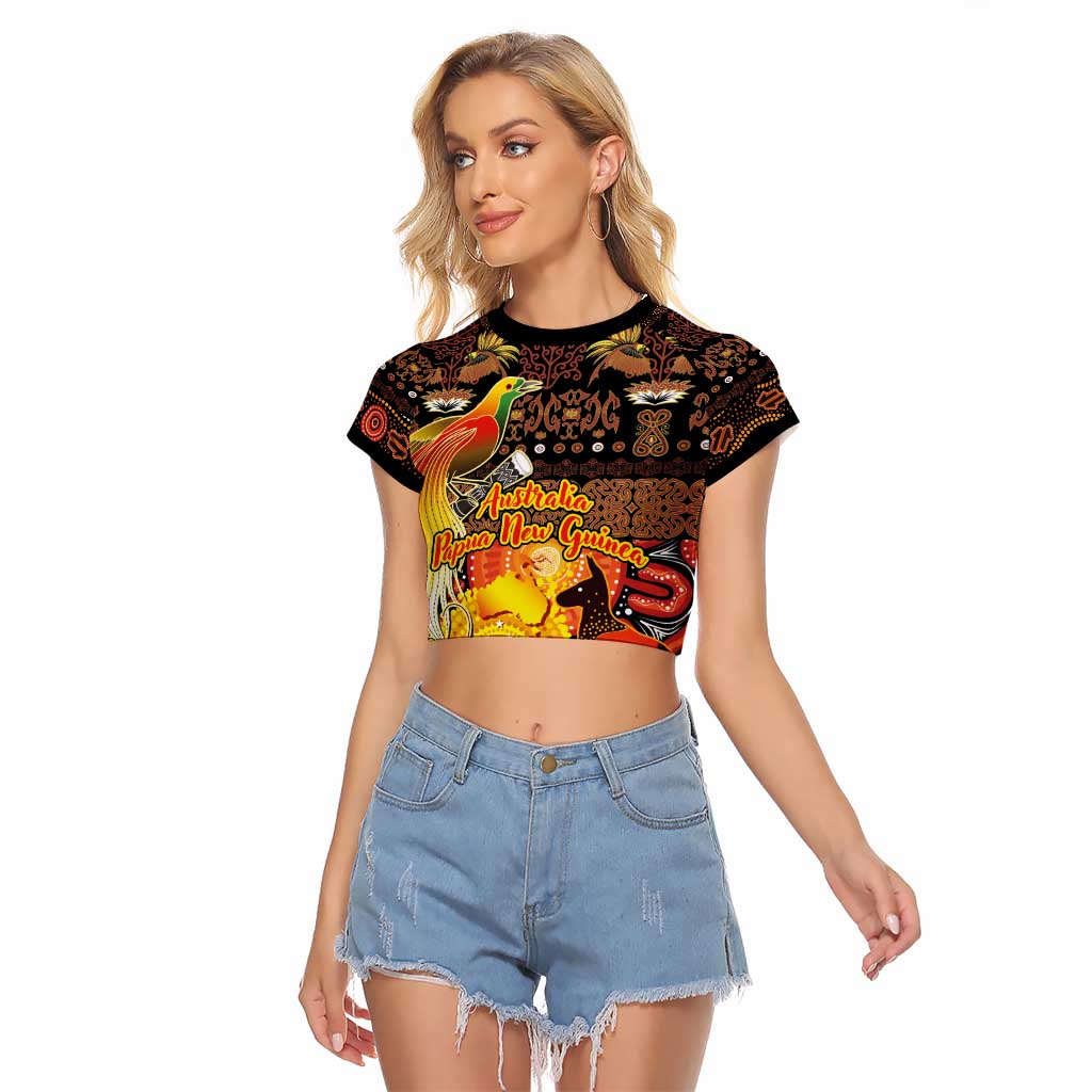 Personalized Australia and Papua New Guinea Together Raglan Cropped T Shirt Kangaroo Aboriginal Art and Bird-of-paradise Oro Tribal Motifs - Polynesian Pride