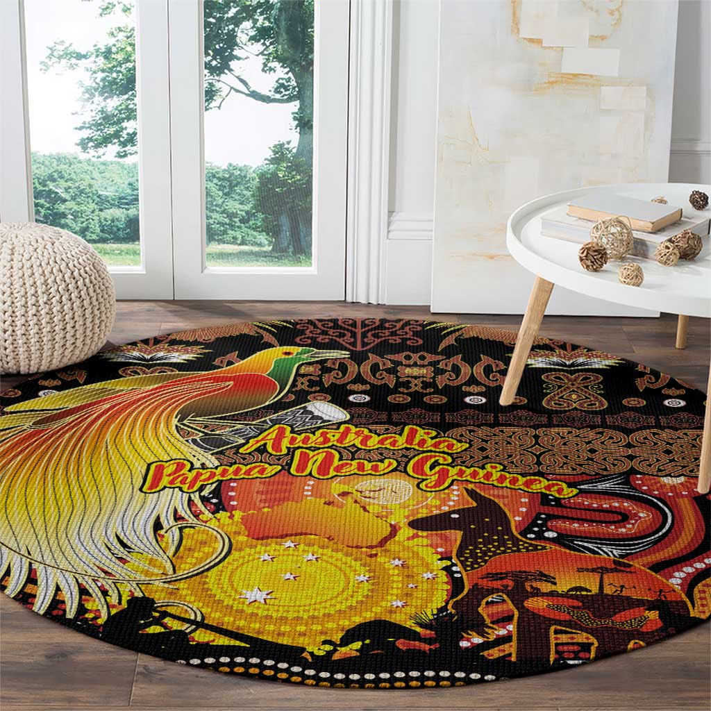 Australia and Papua New Guinea Together Round Carpet Kangaroo Aboriginal Art and Bird-of-paradise Oro Tribal Motifs - Polynesian Pride