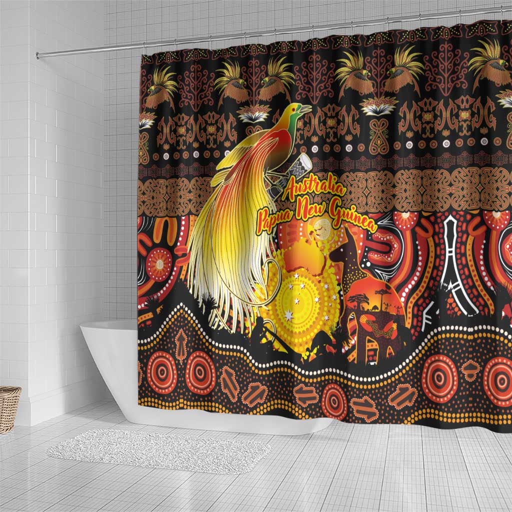 Australia and Papua New Guinea Together Shower Curtain Kangaroo Aboriginal Art and Bird-of-paradise Oro Tribal Motifs - Polynesian Pride