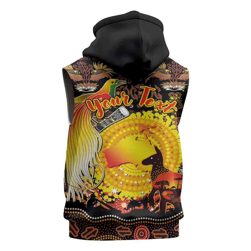 Personalized Australia and Papua New Guinea Together Sleeveless Zip Hoodie Kangaroo Aboriginal Art and Bird-of-paradise Oro Tribal Motifs - Polynesian Pride