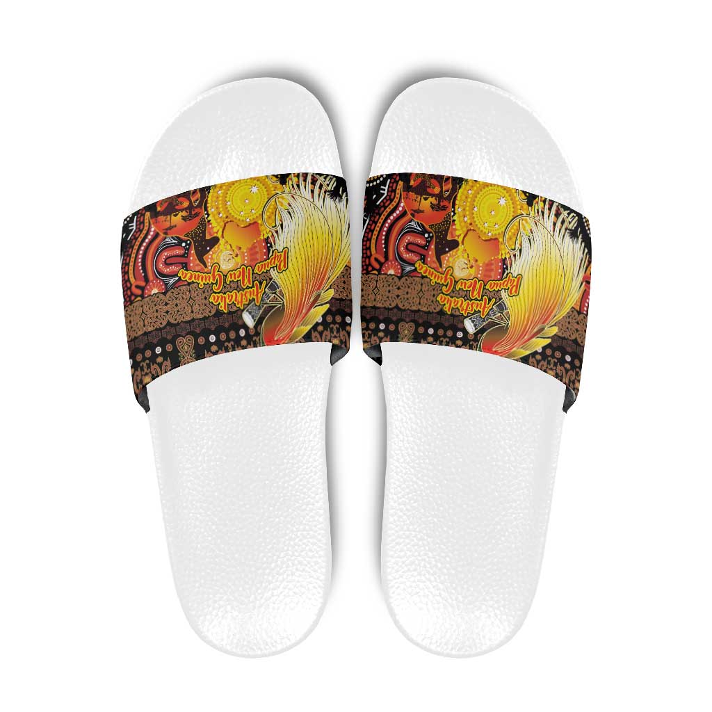 Australia and Papua New Guinea Together Slide Sandals Kangaroo Aboriginal Art and Bird-of-paradise Oro Tribal Motifs - Polynesian Pride