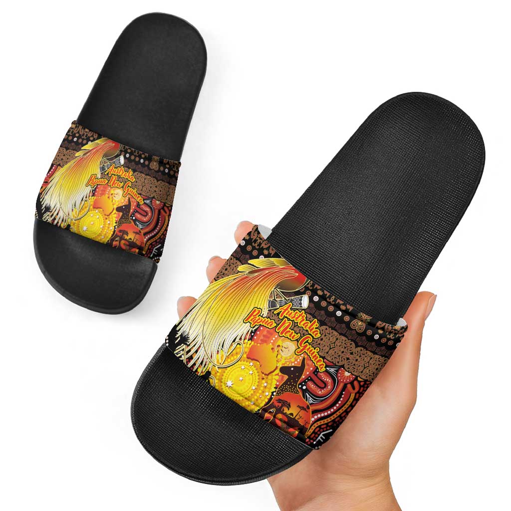 Australia and Papua New Guinea Together Slide Sandals Kangaroo Aboriginal Art and Bird-of-paradise Oro Tribal Motifs - Polynesian Pride