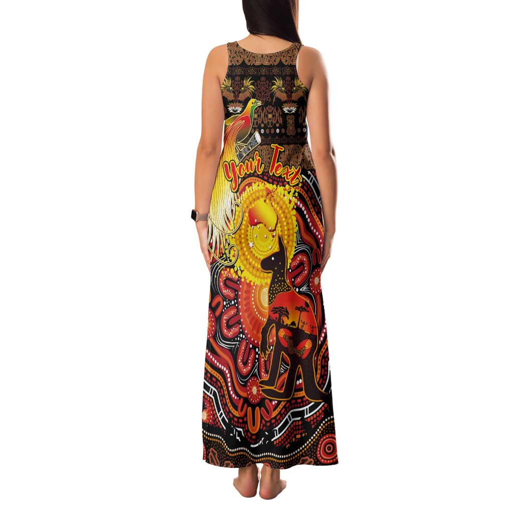 Personalized Australia and Papua New Guinea Together Tank Maxi Dress Kangaroo Aboriginal Art and Bird-of-paradise Oro Tribal Motifs - Polynesian Pride