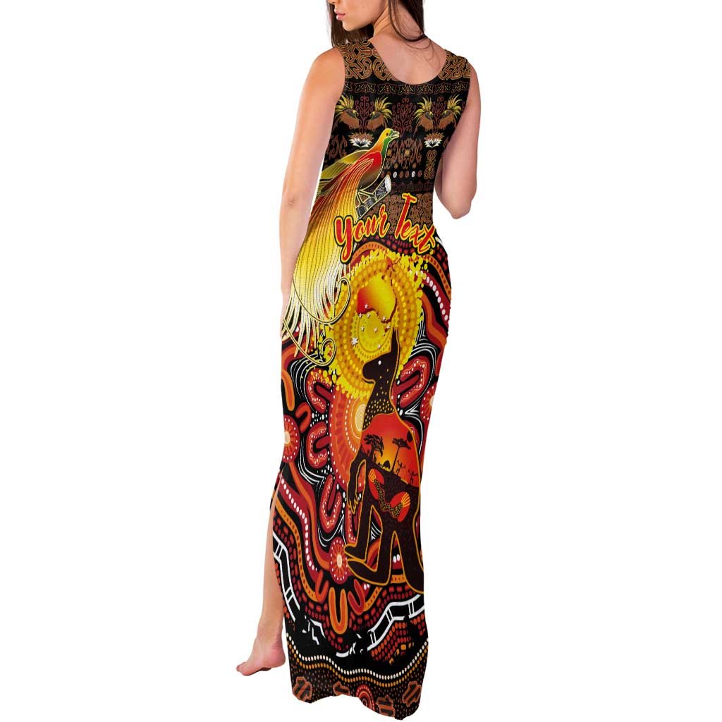 Personalized Australia and Papua New Guinea Together Tank Maxi Dress Kangaroo Aboriginal Art and Bird-of-paradise Oro Tribal Motifs - Polynesian Pride