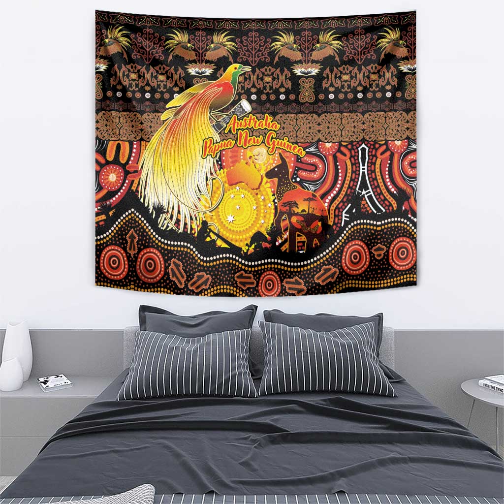 Australia and Papua New Guinea Together Tapestry Kangaroo Aboriginal Art and Bird-of-paradise Oro Tribal Motifs - Polynesian Pride